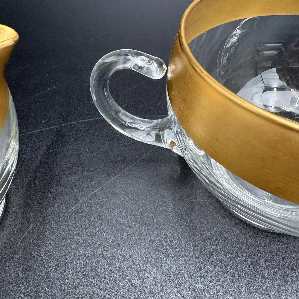 Vtg Dorothy Thorpe Glass Sugar Creamer Set Gold Band 60s MCM Retro